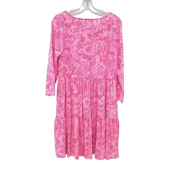 Lilly Pulitzer Dress Geanna Womens Large Pink Floral Tiered Cotton Boho Casual - Picture 3 of 6